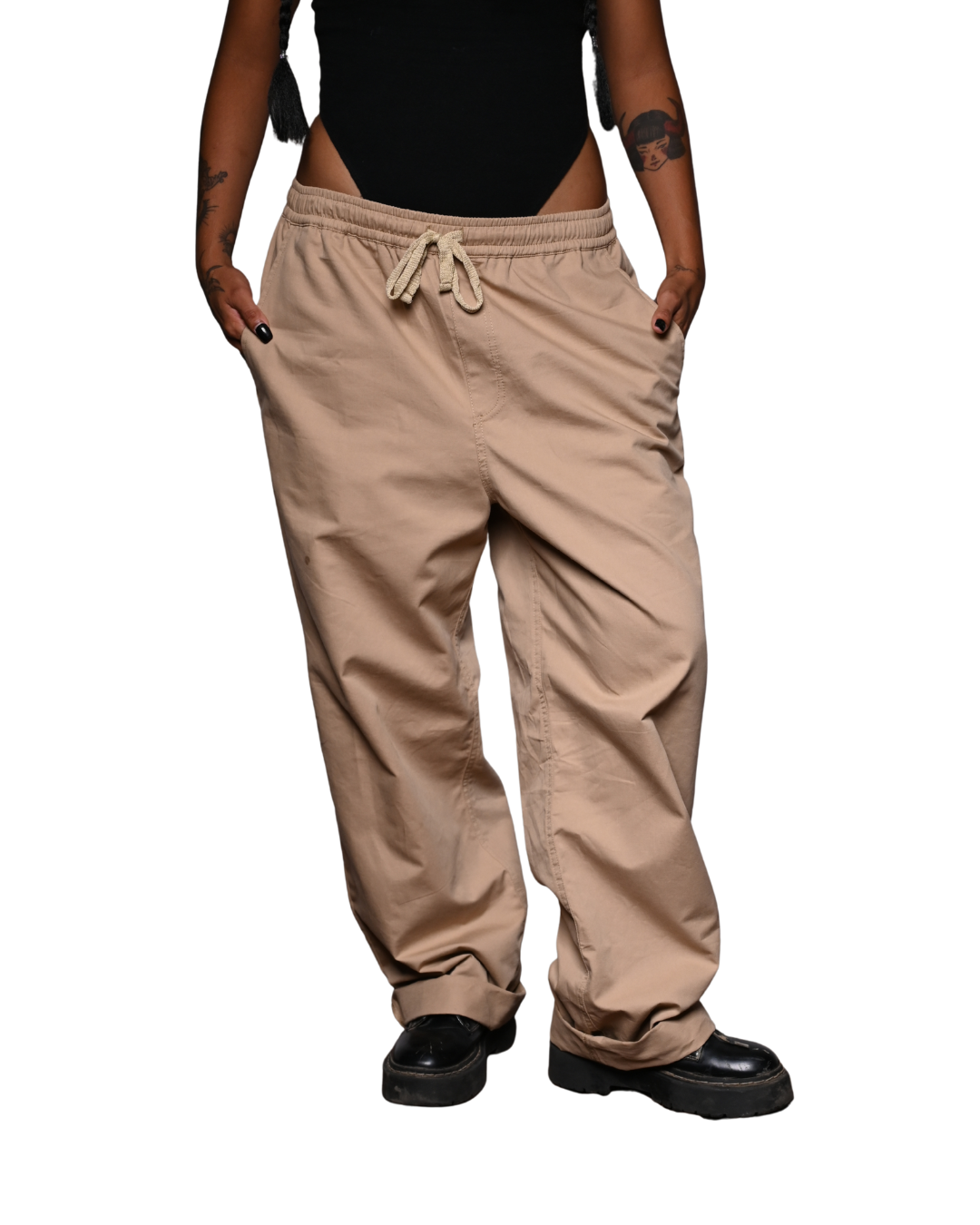 Beige unisex cargo pants. Signature