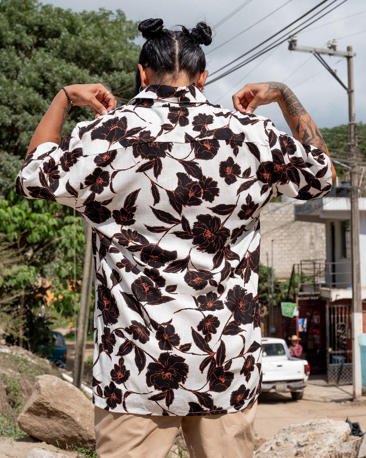 Black unisex spring shirt. Signature