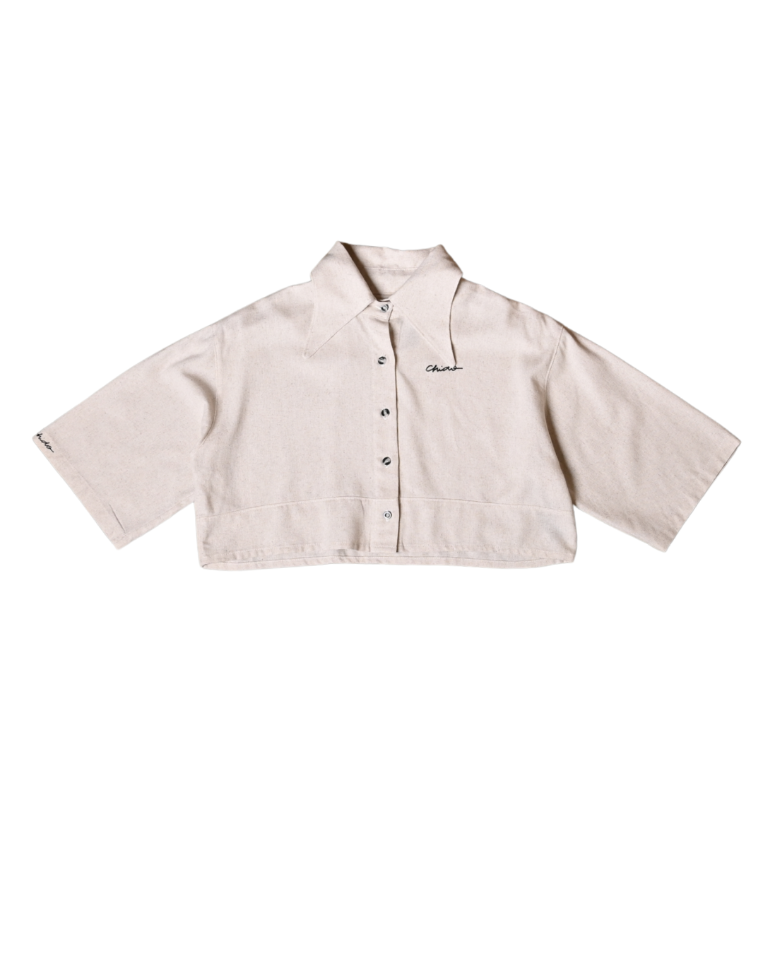 Oatmeal linen crop top. Signature