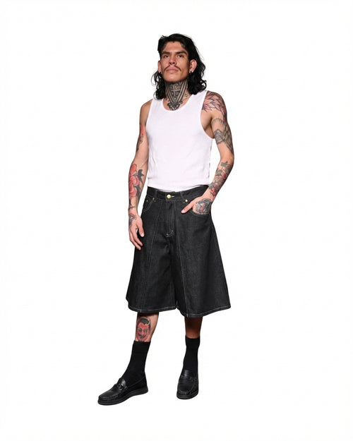 Bermuda Audacia de mezclilla negra oversized CHIDO streetwear mexicano colección Especie en Extinción