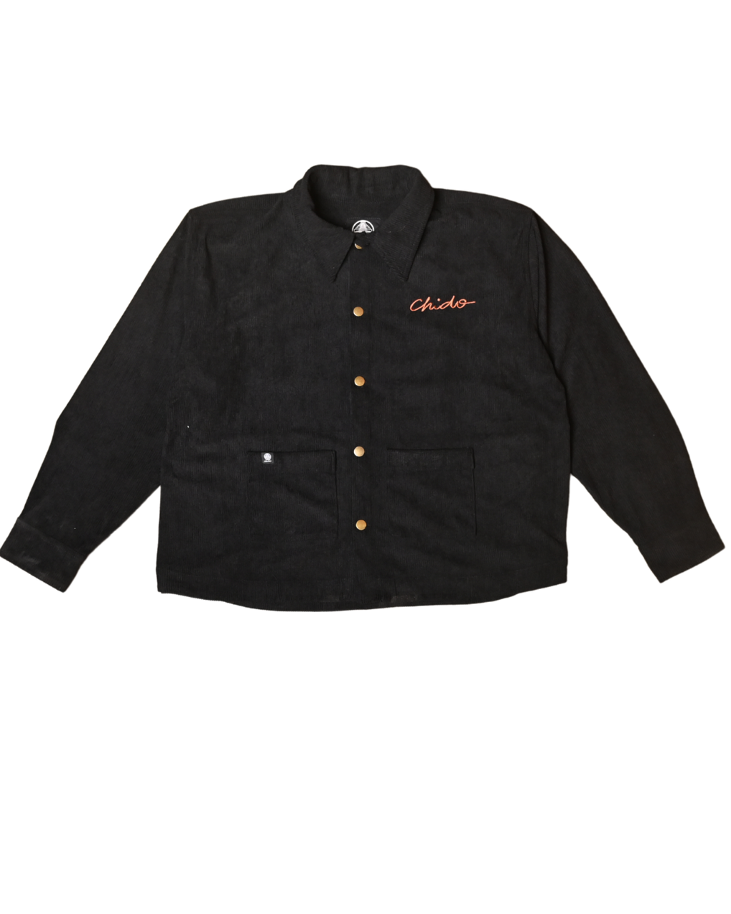 Black corduroy chore jacket by CHIDO front view