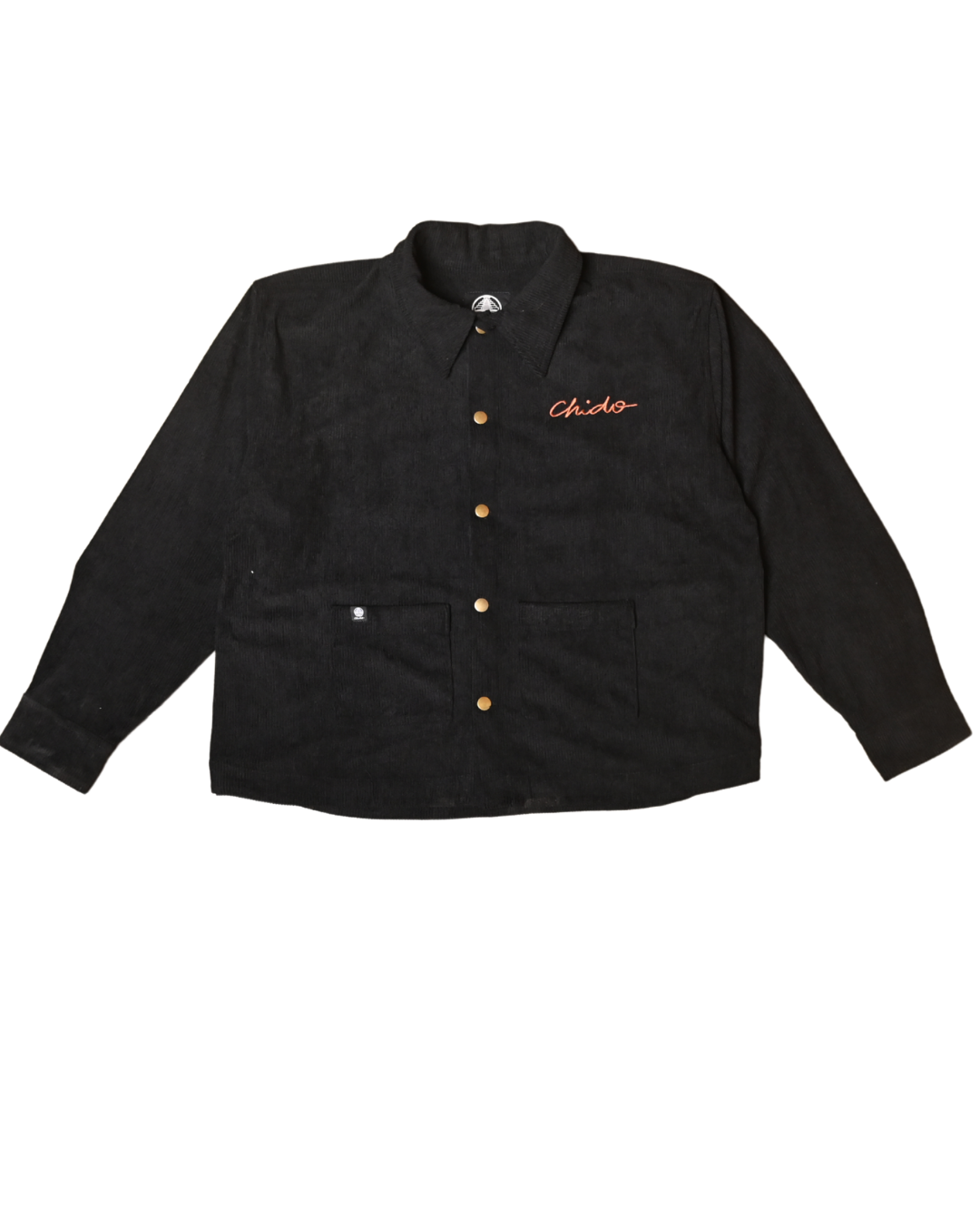 Black corduroy chore jacket by CHIDO front view