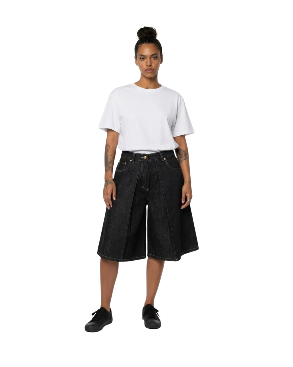 Black denim jorts for women with oversized fit