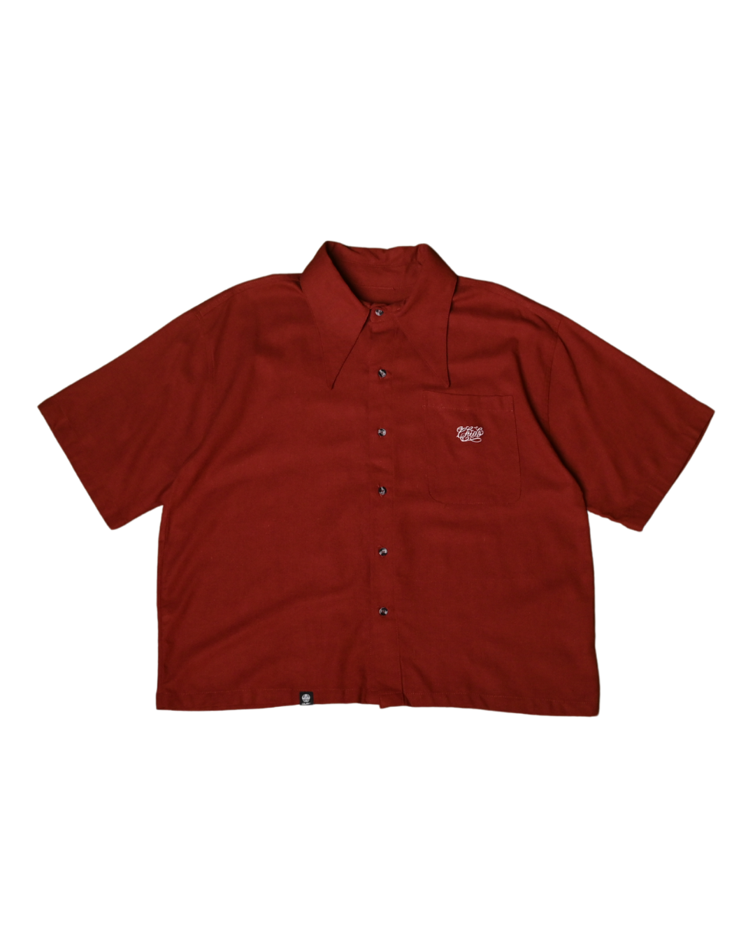 Vista frontal de camisa boxy oversize de lino rojo tinto Amá Chola unisex