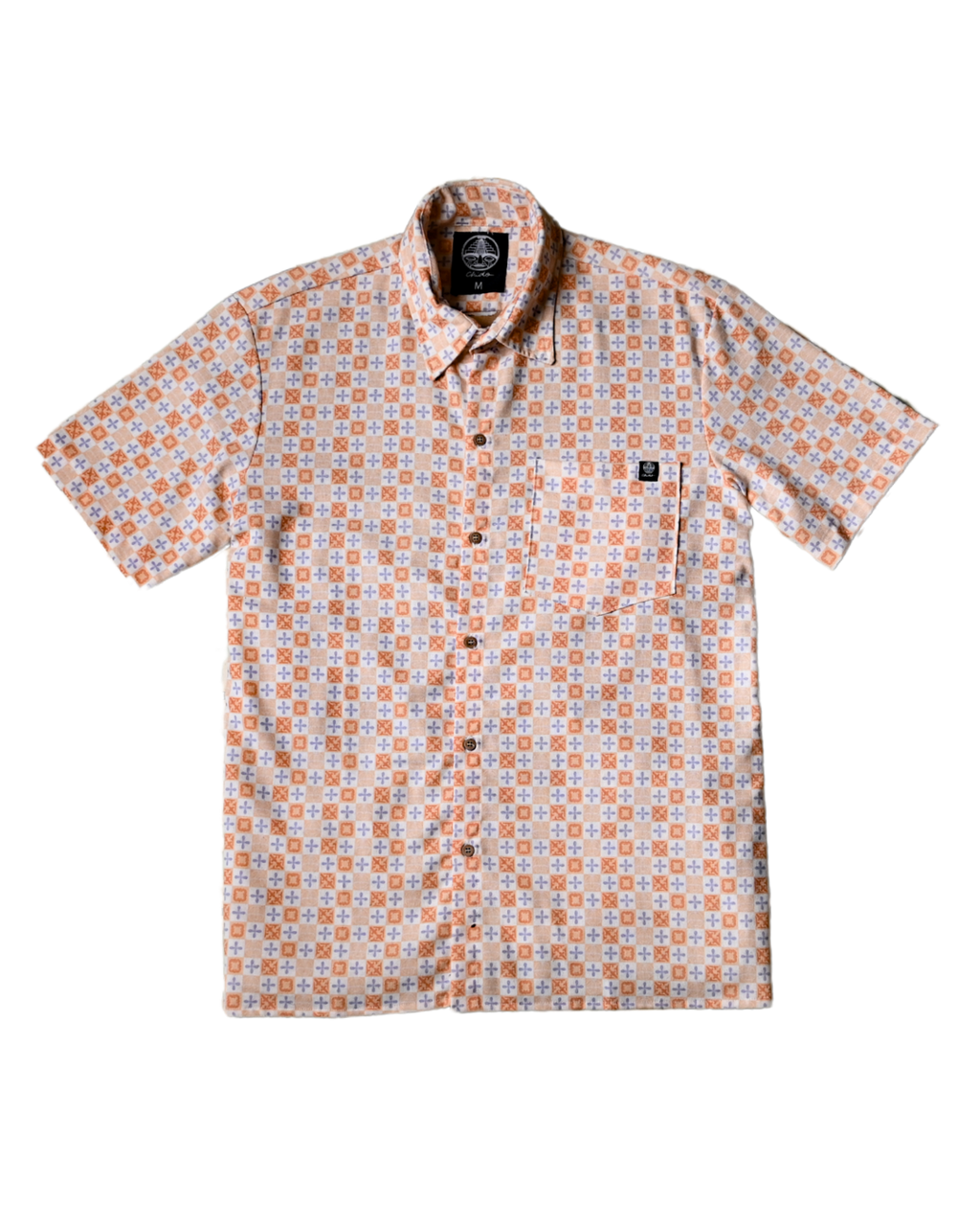 Camisa de lino Mosaico CHIDO con estampado geométrico exclusivo en tonos beige, naranja y lavanda