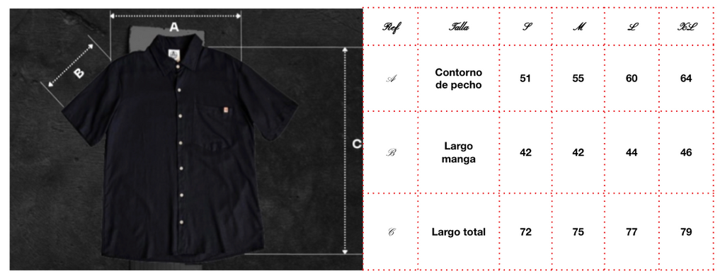 Guía de tallas de camisa de lino oversize CHIDO con medidas de pecho, manga y largo total