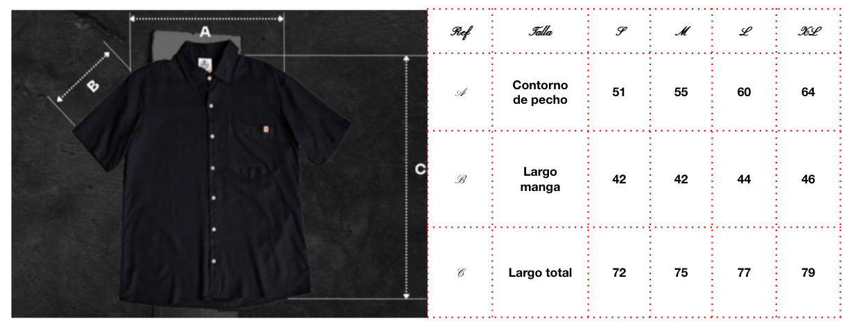 Guía de tallas de camisa de lino oversize CHIDO con medidas de pecho, manga y largo total