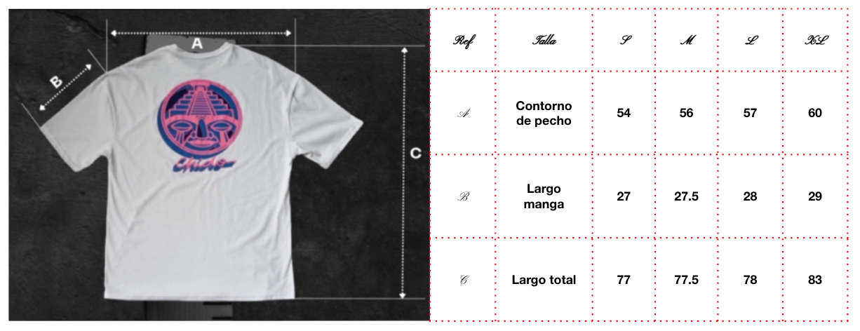 Guía de tallas de playera tie dye oversize unisex CHIDO