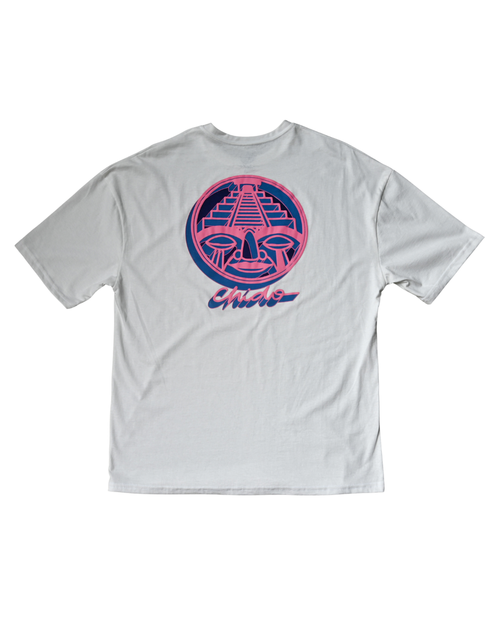 Playera oversize Sayuyorckh blanca vista trasera con gráfico prehispánico CHIDO