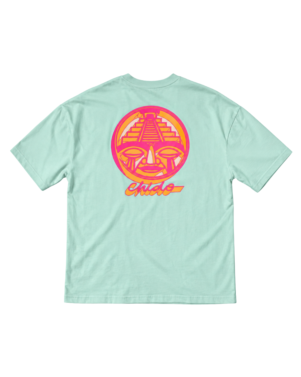 Playera oversize Sayuyorckh verde vista trasera con gráfico prehispánico CHIDO