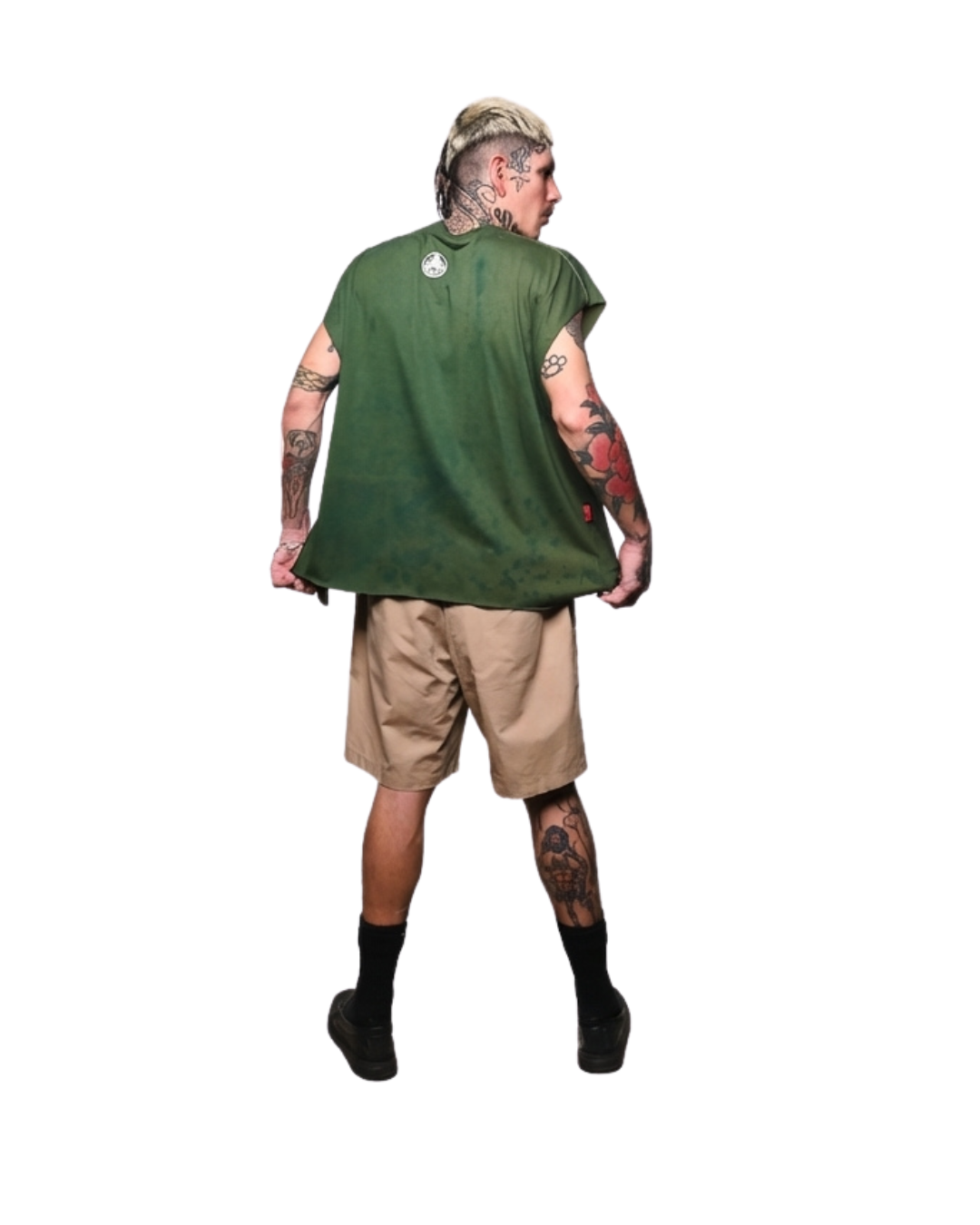 Vista trasera de playera sin mangas tie dye verde unisex CHIDO