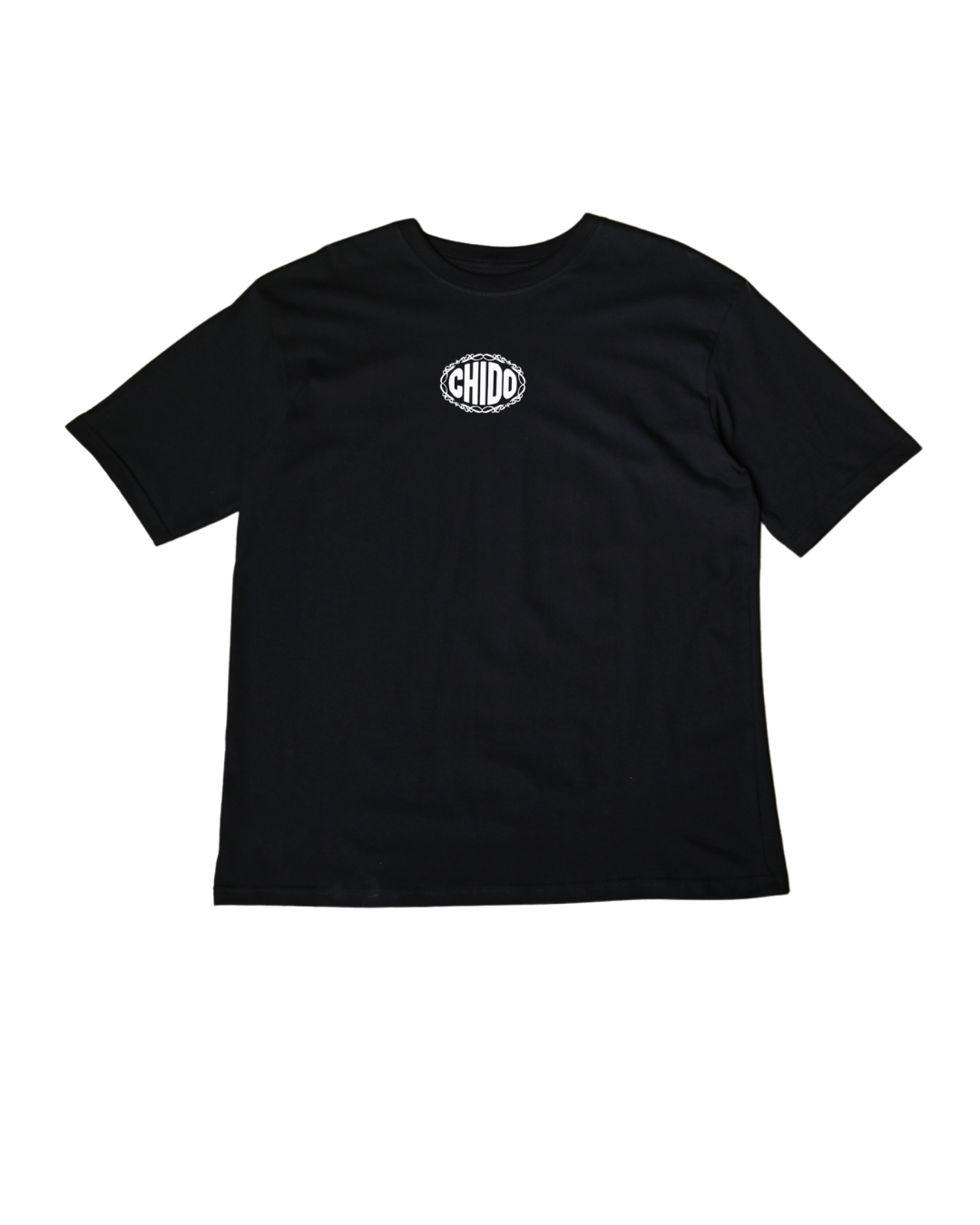Vista frontal de playera streetwear mexicana CHIDO negra