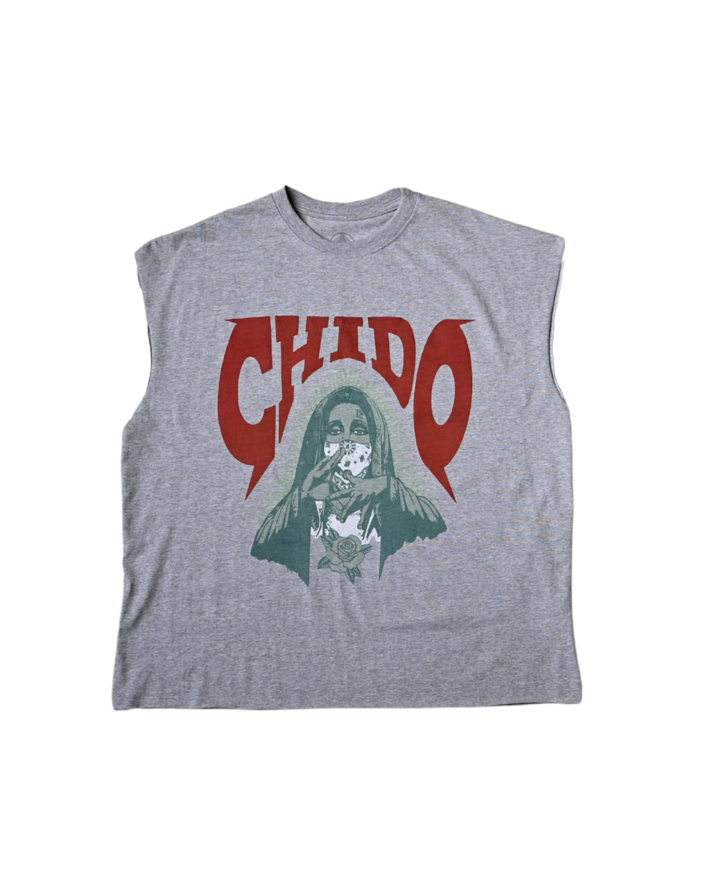 Tank top gris Amá Chola de CHIDO con serigrafía de descarga de agua y corte unisex relajado